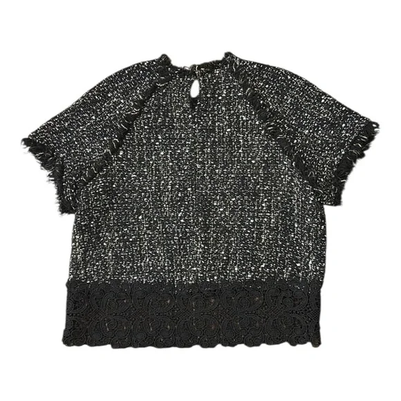 Zara Tweed & Lace Textured Short Sleeve Raw Hem Top Black Size Small - Picture 9 of 12